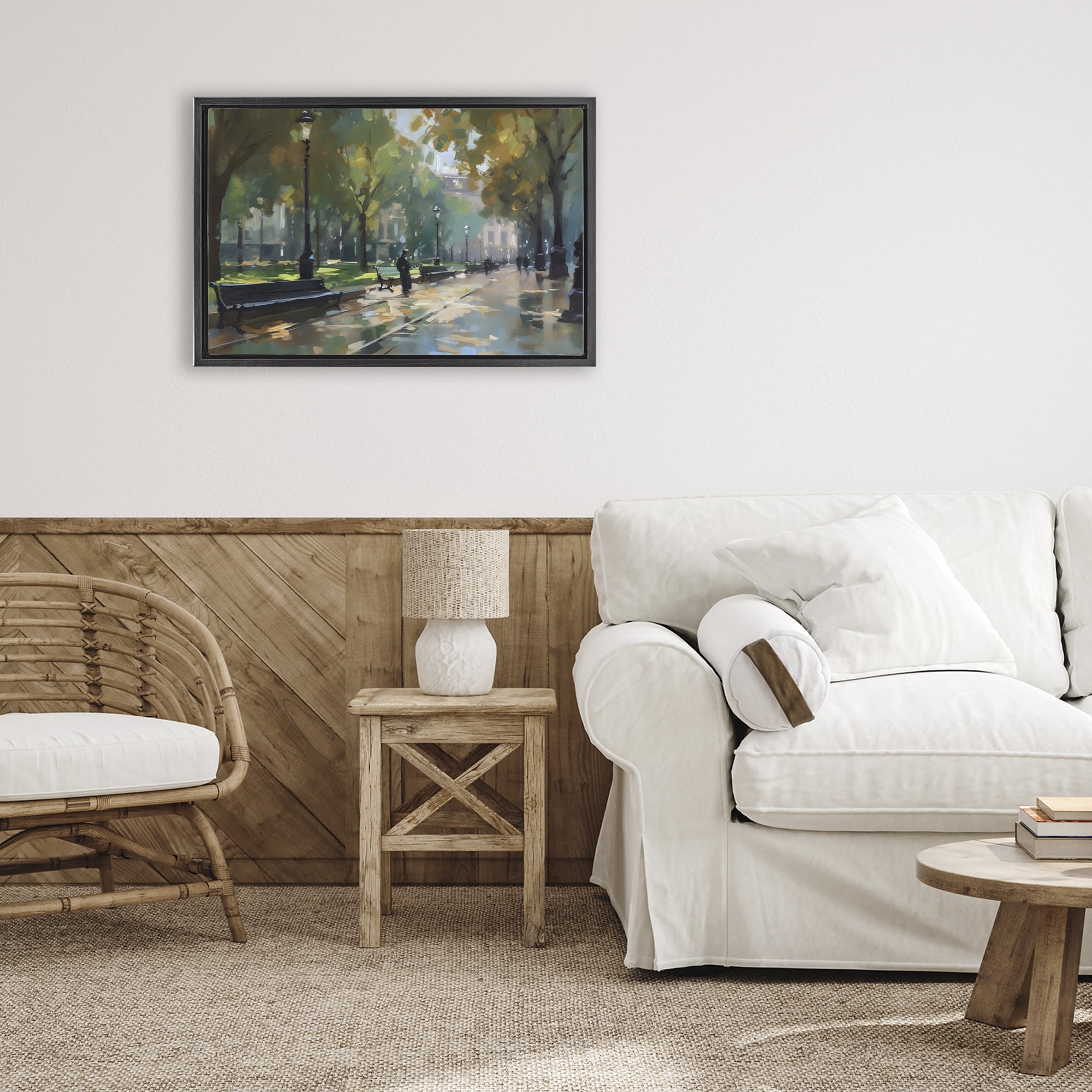 Stupell Industries Park Promenade on Rainy Day Black Framed Floater Canvas Wall Art, design by Creative Studio