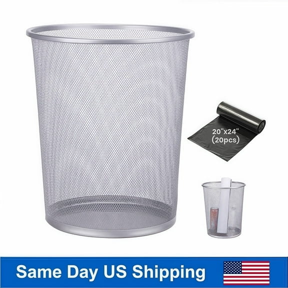 Silver Metal Mesh Trash Can with 20 Garbage Bags, 6 Gallon Small Wastebasket with Ventilated Design for Office Desk, Bathroom and Kitchen