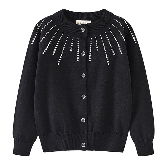 Girls' Rhinestone Knit Cardigan Round Neck Cotton Sweater Jacket