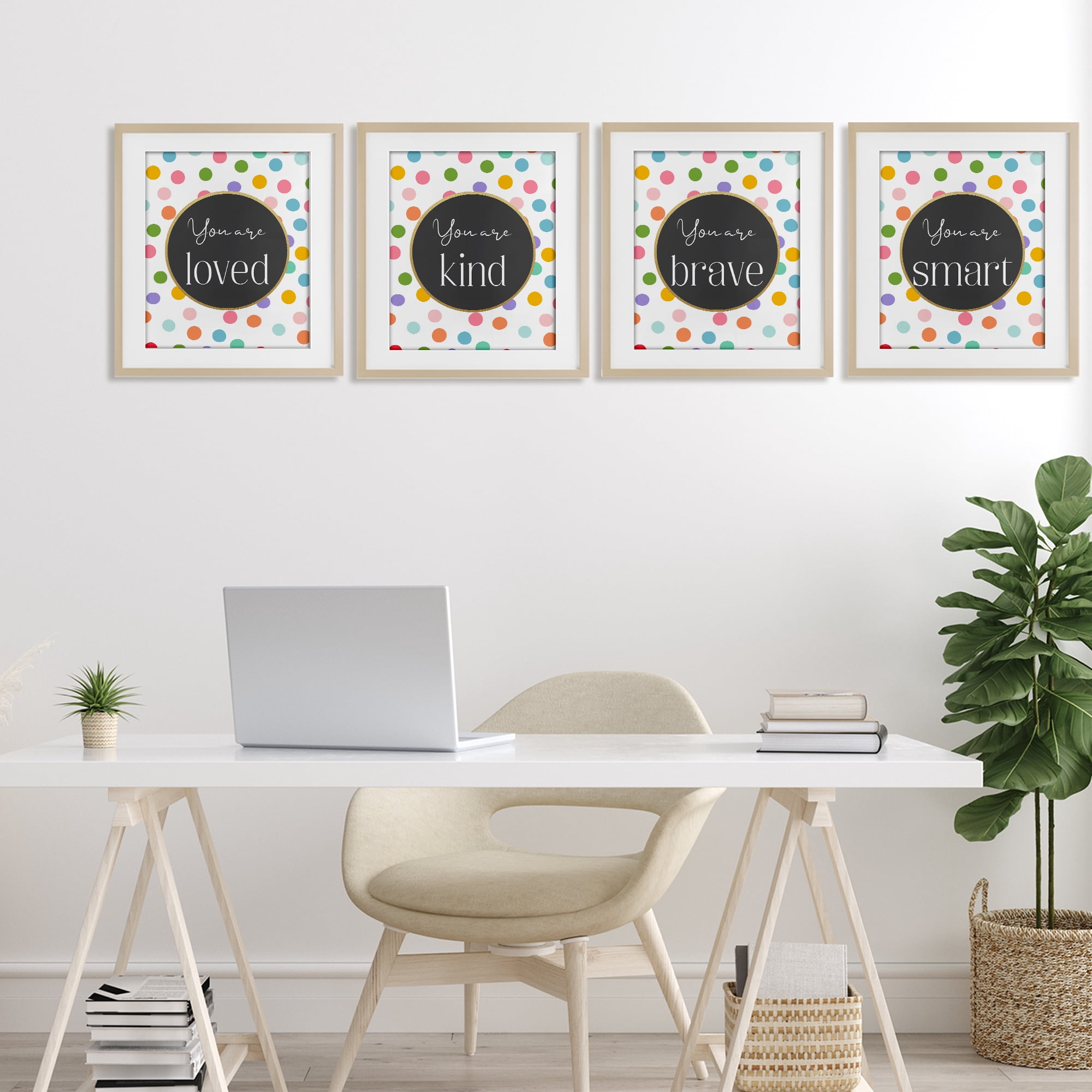 Stupell Industries Polka Dot Affirmations 4 Piece Birch Framed Print Under Glass Set, design by Christine Simpson Art