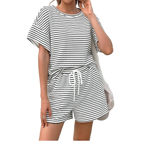 Womens 2 Piece Sets Summer Lounge Sets Striped Short Sleeve Oversized T Shirts Drawstring Shorts Matching Set
