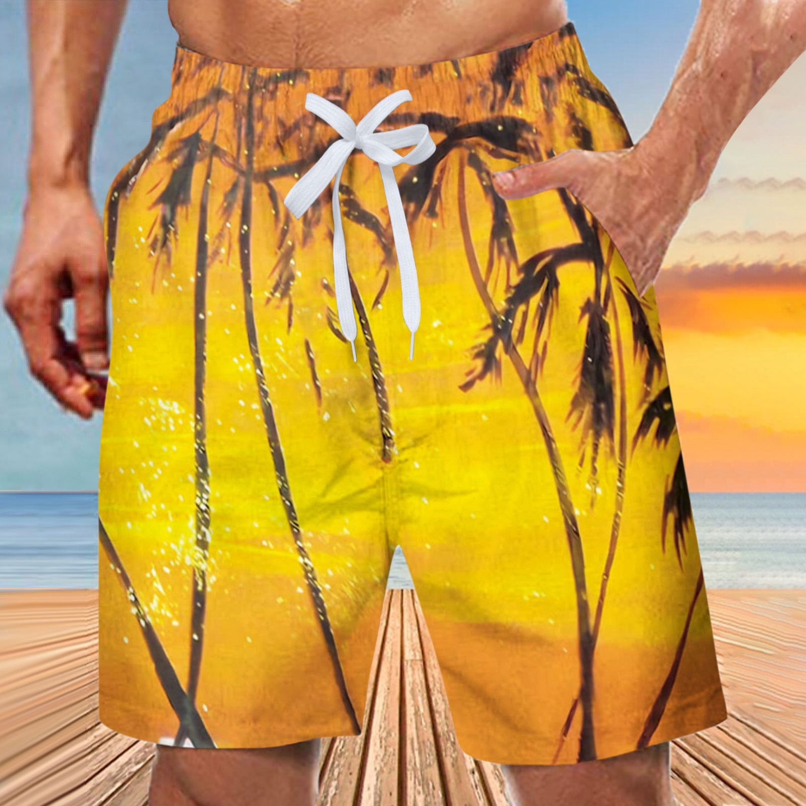 VSSSJ Men's Swim Trunks Big & Tall Quick Dry Bathing Palm Printed Swimsuit  with Elastic Waist Hawaiian Five-Point Drawstring Shorts Yellow M 