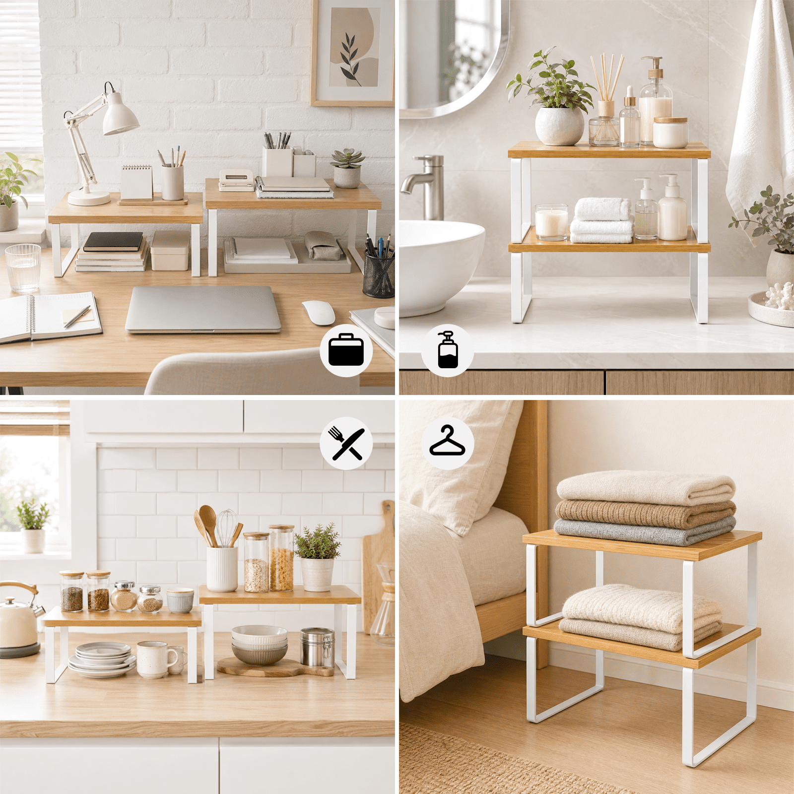 Koomade 2 Pack Cabinet Organizers Shelves, Kitchen Countertop Storage, Pantry Organizer, 11.7''W, Bamboo wood tone + White