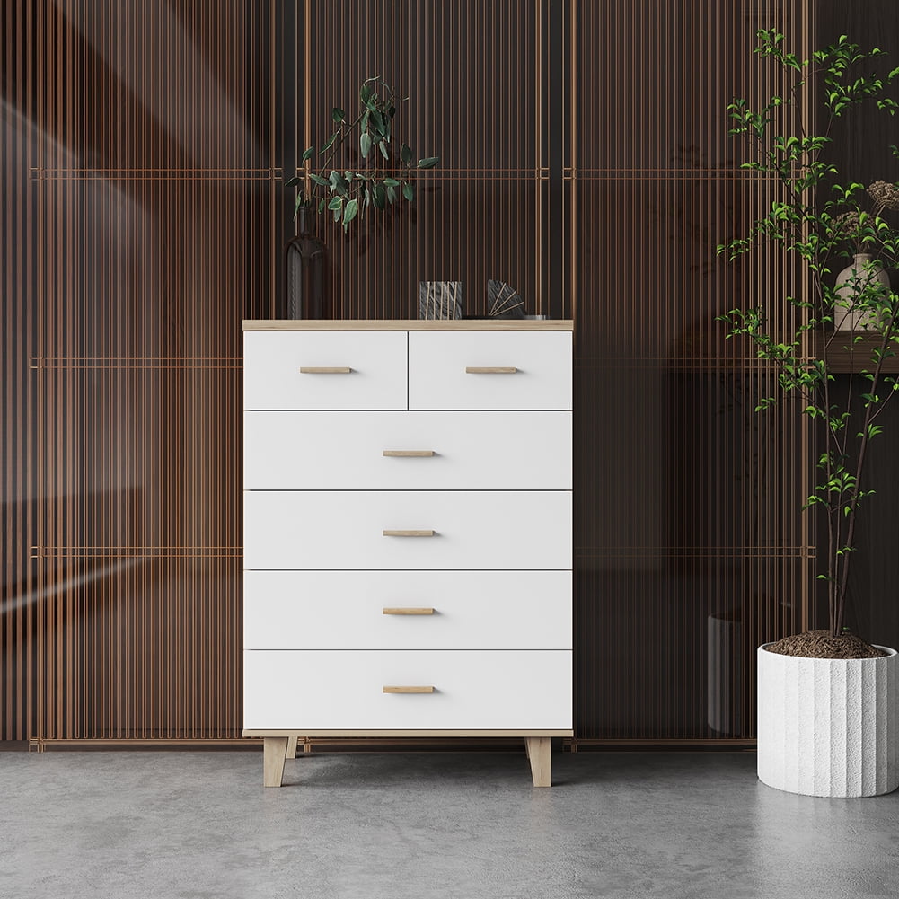 Kadyn 4+2 Drawers Cabinet, Modern Storage Cabinet with Solid Wood Feet, Drawer Dresser for Living Room, White Kadyn 4+2 Drawers Cabinet, Modern Storage Cabinet with Solid Wood Feet, Drawer Dresser for Living Room, White