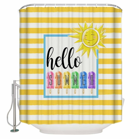 Fabric Shower Curtain, Hello Summer Slippers with Sun Yellow Stripes Shower Curtains with 12 Hooks Waterproof Machine Washable Bath Curtains for Bathroom,48x 72in