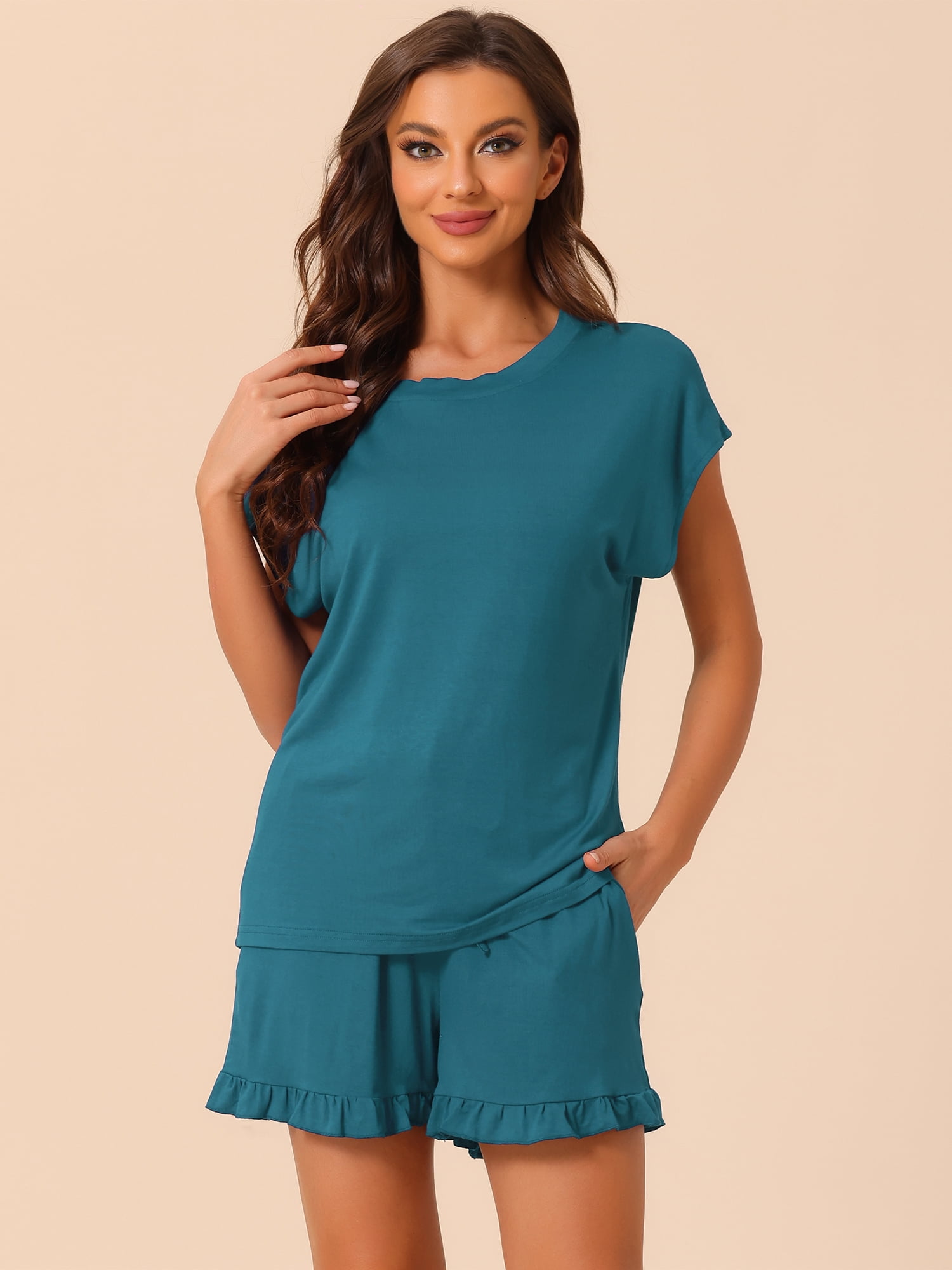 DARING DIVA Women's Lounge Pajamas Short Sleeve Tops with Shorts Pockets L Peacock Green