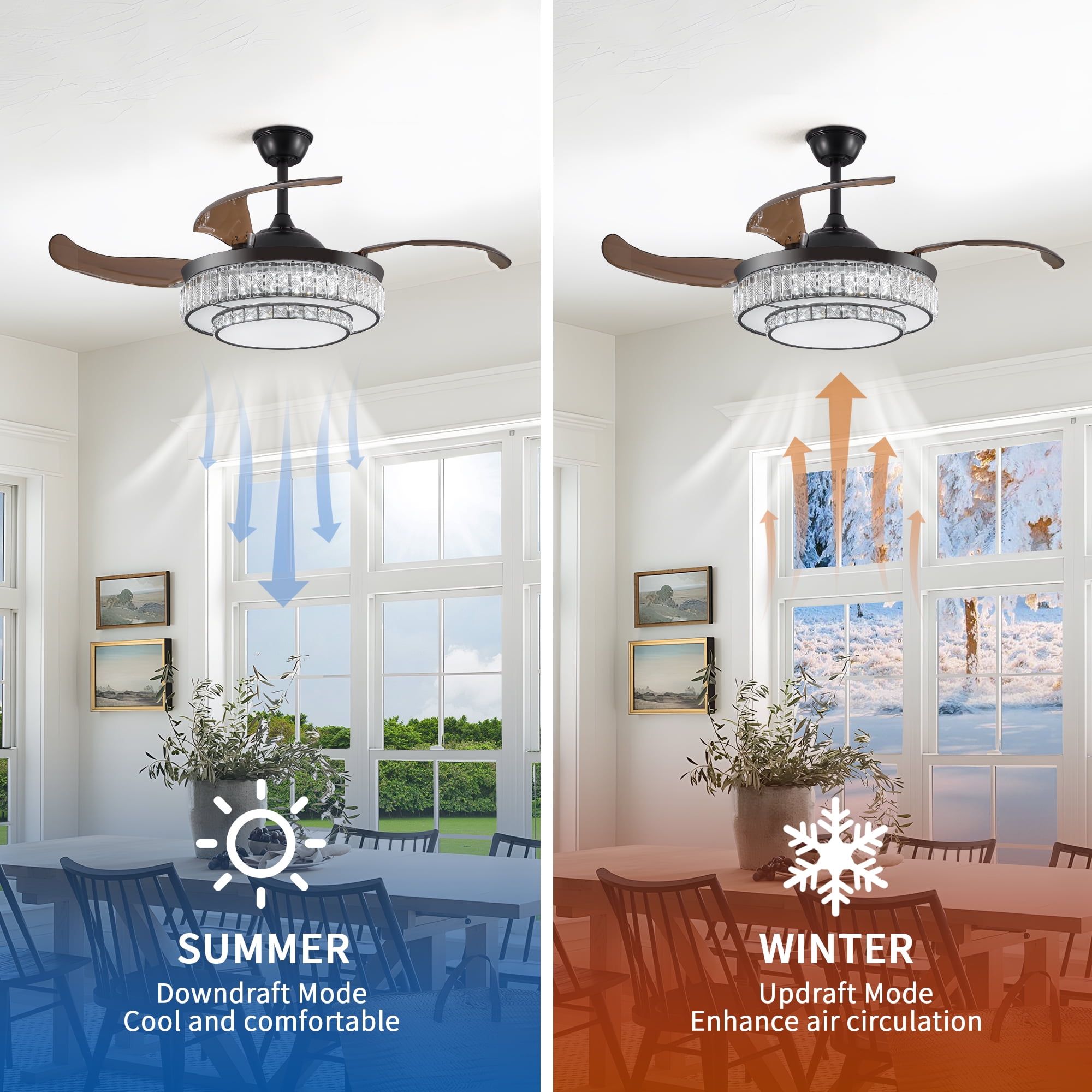 Jopath 48" Retractable Crystal Ceiling Fan with Light and Remote Control, 6-Speed Quiet ,4 Blades Modern Ceiling Fans for Kitchen Bedroom Dining Room Patio