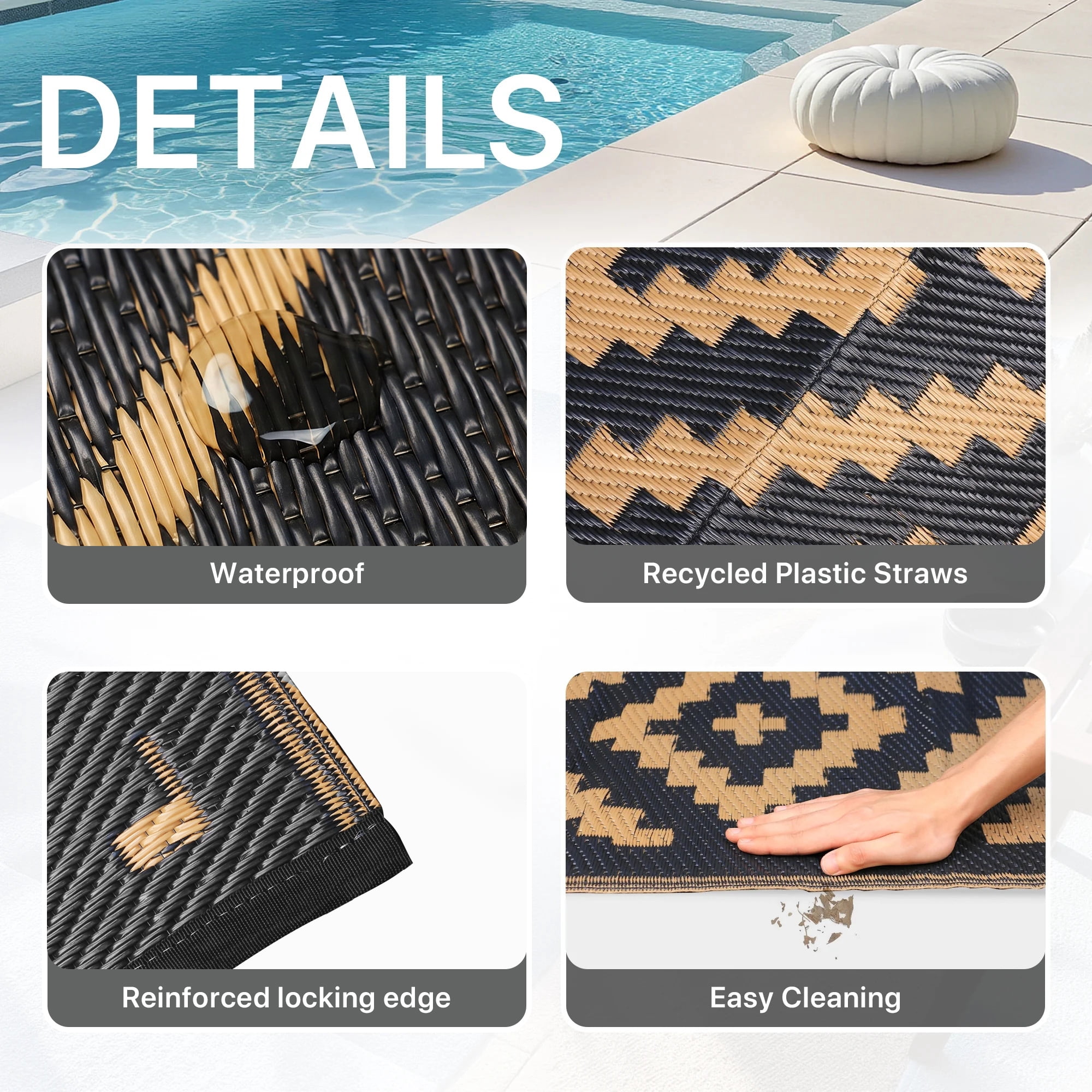DEORAB Outdoor Rugs Waterproof Plastic Straw Mat 6'x9' Reversible for RV Patio Deck Beach Black & Brown