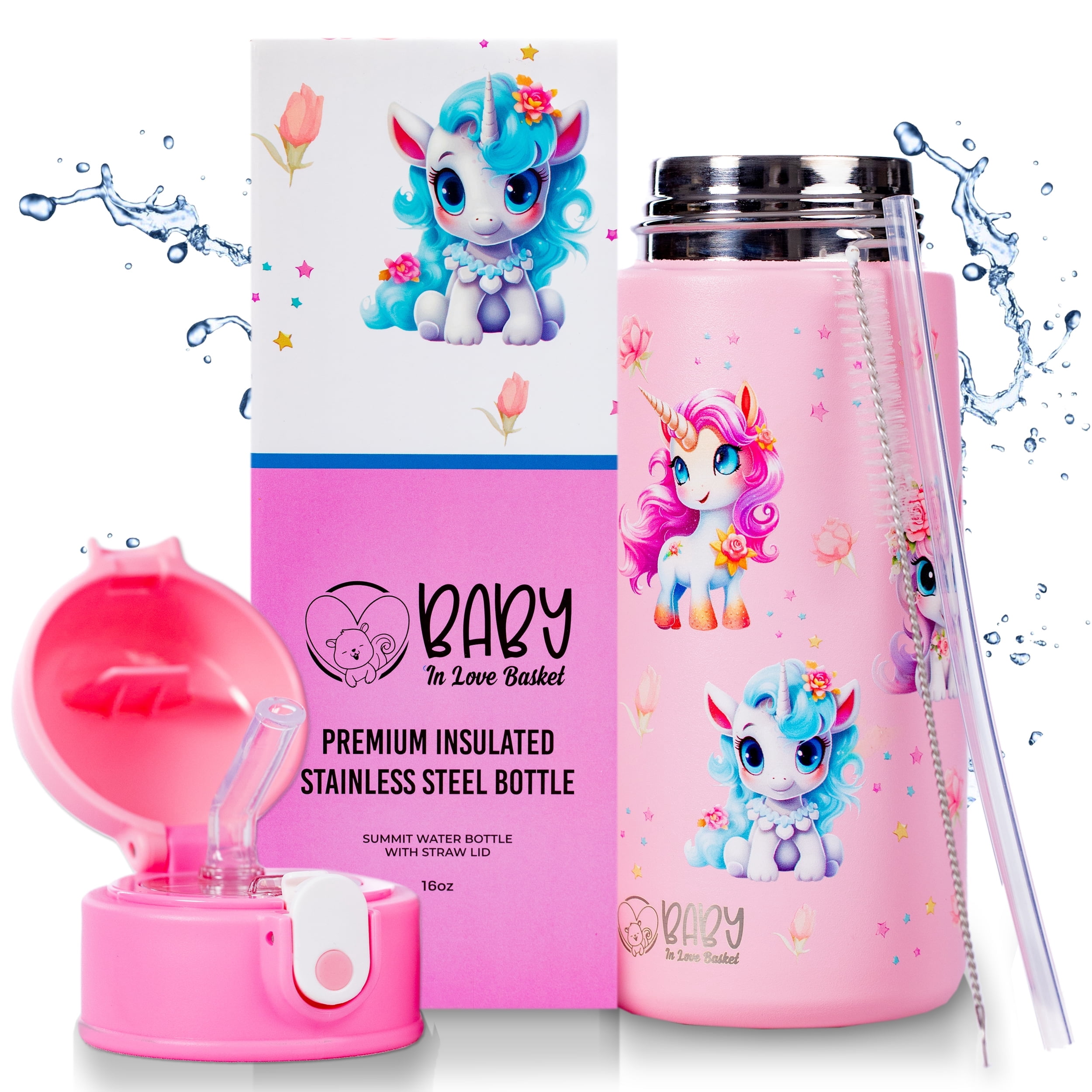 Unicorn Insulated Water Bottle for Kids - 16 oz Stainless Steel, BPA Free, Dishwasher Safe, with Silicone Straw - Keeps Cold 24 Hrs, Hot 12 Hrs - Perfect for School, Travel, Sports