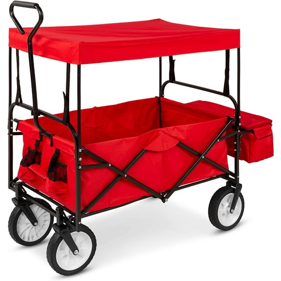 Wubio Collapsible Folding Outdoor Utility Wagon with Canopy Garden Cart for Beach, Picnic, Camping, Tailgates w/Removable Canopy, Detachable Pockets, 150lb Weight Capacity - Red