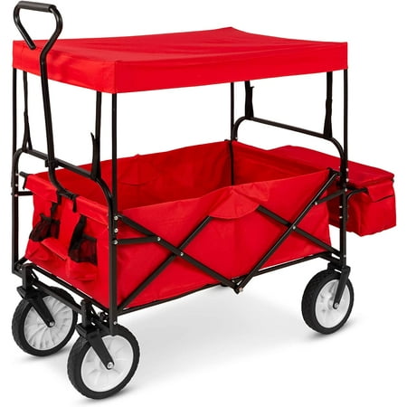 Collapsible Folding Outdoor Utility Wagon with Canopy Garden Cart for Beach, Picnic, Camping, Tailgates w/Removable Canopy, Detachable Pockets, 150lb Weight Capacity - Red