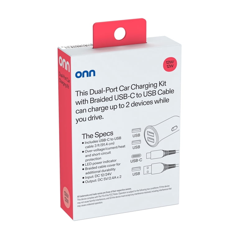 onn 24W Dual USB-A Car Charger with 3ft USB-C Cable photo 8