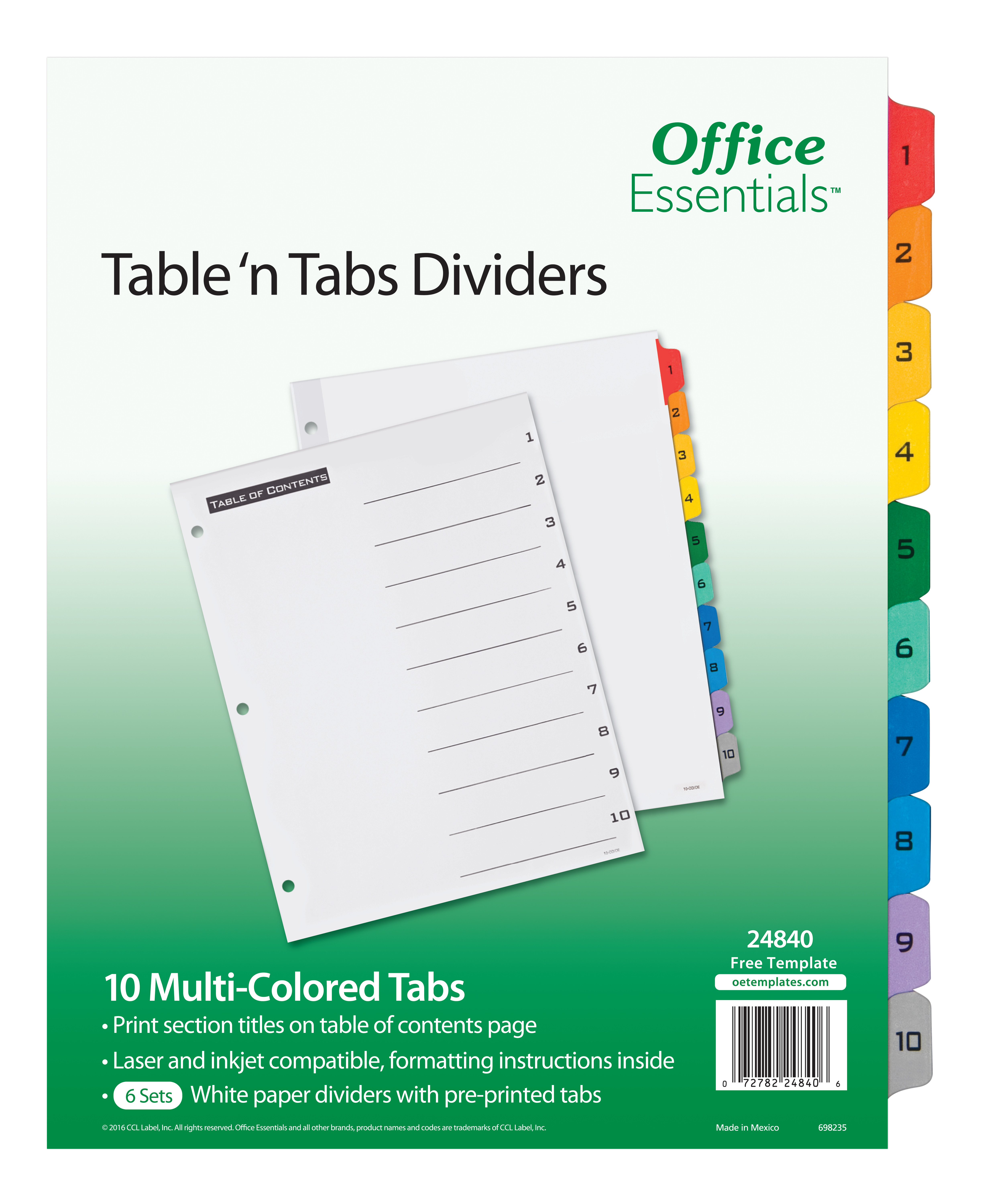 Office Essentials Table 'n Tabs Dividers, 110 Multicolor Tabs