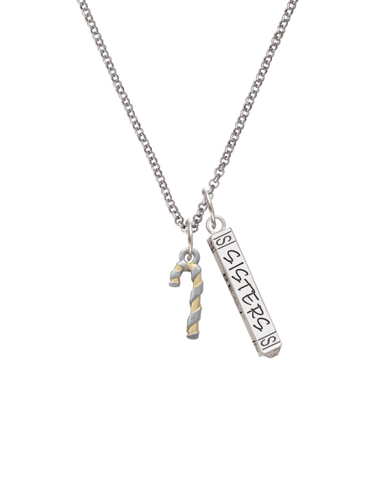Delight Jewelry Two-tone 3-D Candy Cane Silvertone Sisters Best Friends Forever Bar Charm Necklace, 23"