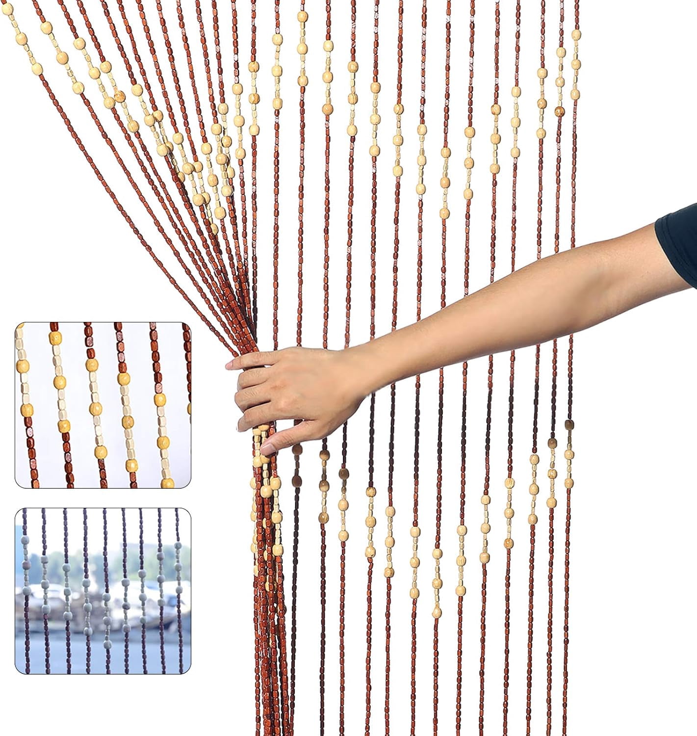 35x68 Inch Brown Beaded Curtain, 27 Lines Door Curtain Wooden Bead Curtain Brown Retro Bead Divider Curtain Decorative Curtains for Decoration Room Kitchen