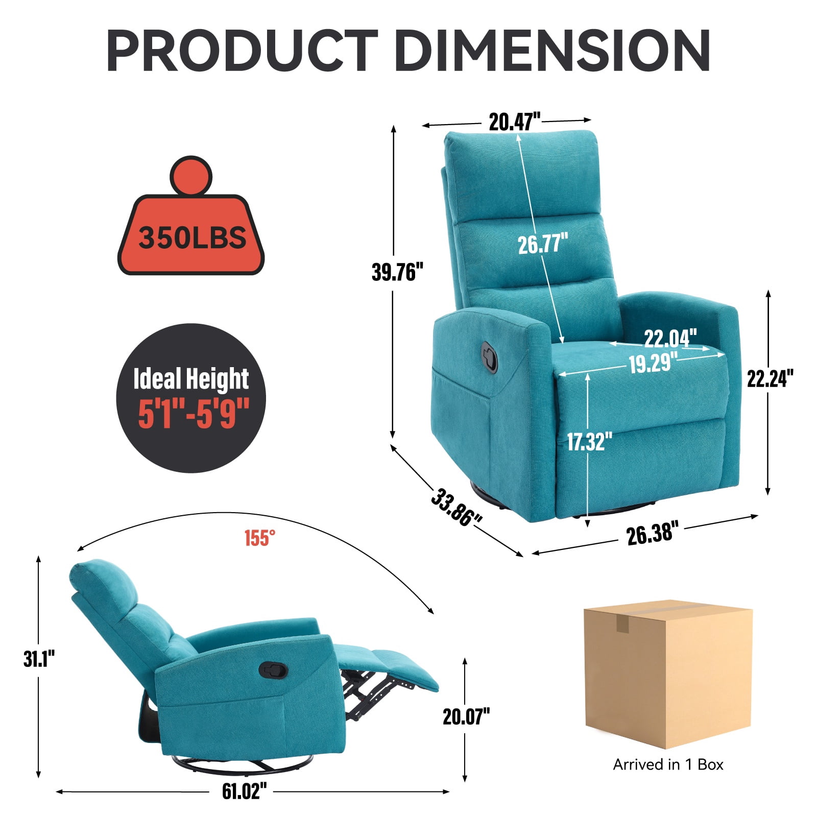 360°Swivel Rocker Recliner, PAPROOS Small Rocking Recliner Chair for Small Spaces, Home Theater Recliner with 2 Side Pockets, Nursery Glider Recliner, Manual Recliner for Adults for Living Room, Blue