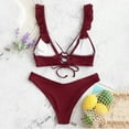 thumbnail image 2 of Wuxian Two Piece Bikini Set For Women Solid Color Deep V-Neck Ruffle Spaghetti Strap Ribbed Low Waist Switmsuit Bathing Suit Swimwears Tankinis Set Breathable Stylish Beachwear,Red,M, 2 of 3