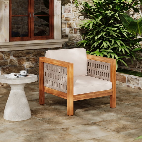Acacia Wood Outdoor Club Chair with Beige Rope Arm and Beige Cushions for Patio Garden Deck, Teak