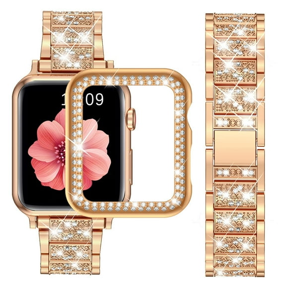 Antank Apple Watch Band with Case for Series 7 41mm Women Double Bling Crystal Diamonds Rhinestone Bumper Wrist Strap