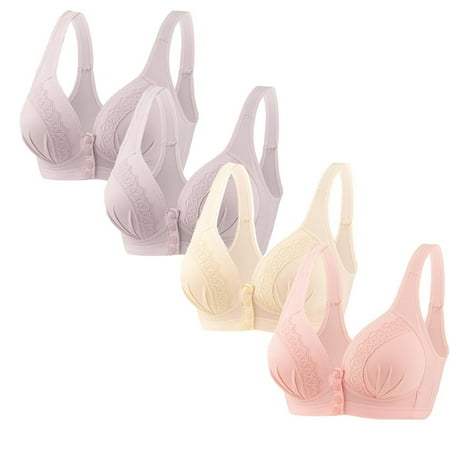 GERsome Womens 4 Pcs Assorted Color Bras Comfort Wireless Bras for Older Women Front Button Bra Convenient Snap Sleep Bra Bra for Seniors Front Closure Everyday Bras 2Light Purple/Beige/Light Pink XL