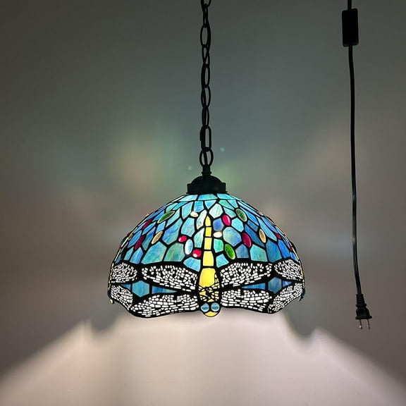 Tiffany Pendant Lights Plug In Green Blue Stained Glass Dragonfly LED Bulb Included for Dining Room 12"W*12"D*60"H
