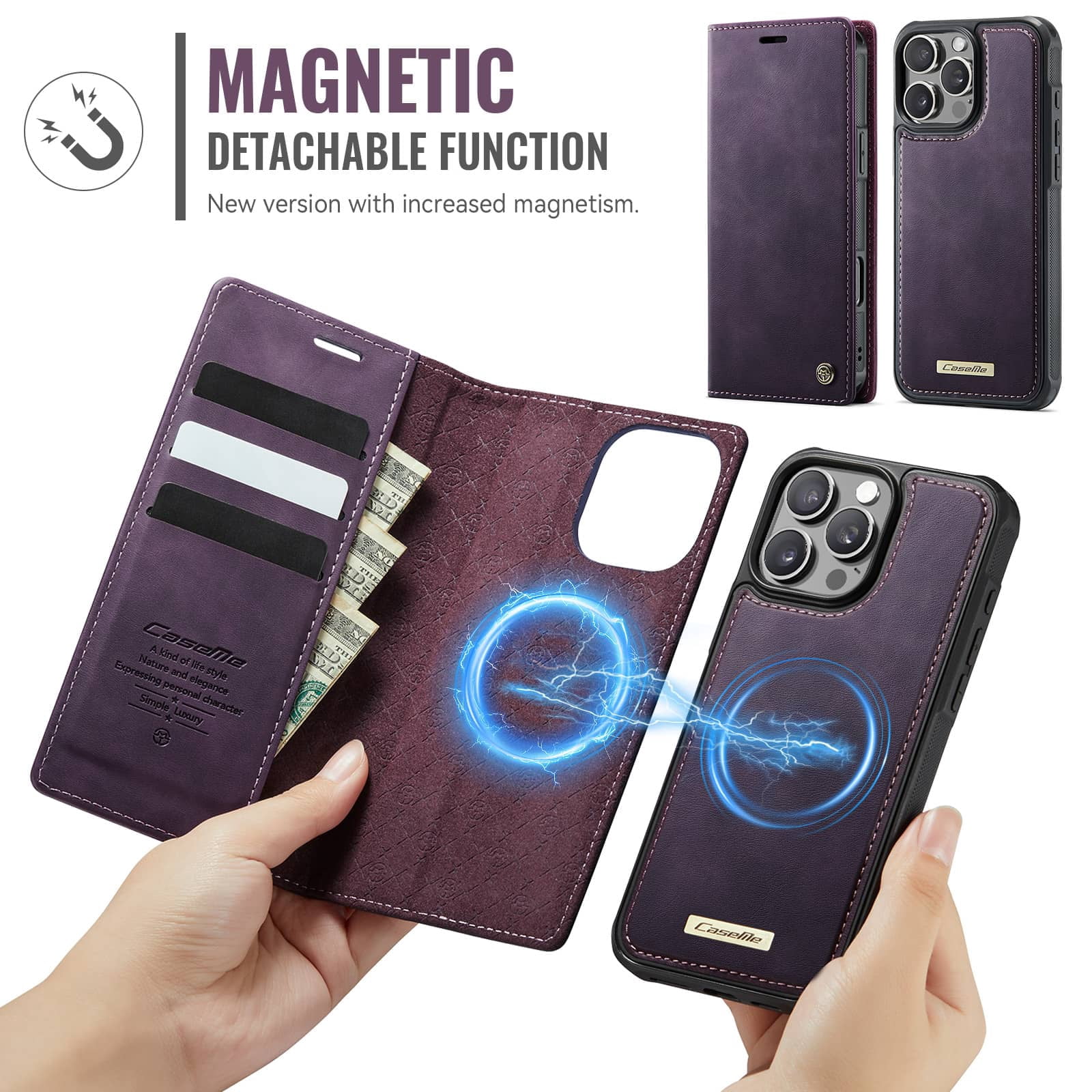 Magnetic 2 in 1 Magsafe Detachable Wallet Case for iPhone 16 Pro Max with Card Holder Women Men, Retro PU Leather【RFID Blocking】Kickstand Shockproof Cover