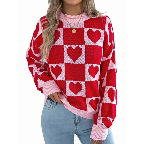 Womens Mock Neck Sweater Long Sleeve Block Cute Heart Knit Fall Winter Tops Ribbed Knit Pullover Sweaters Red L