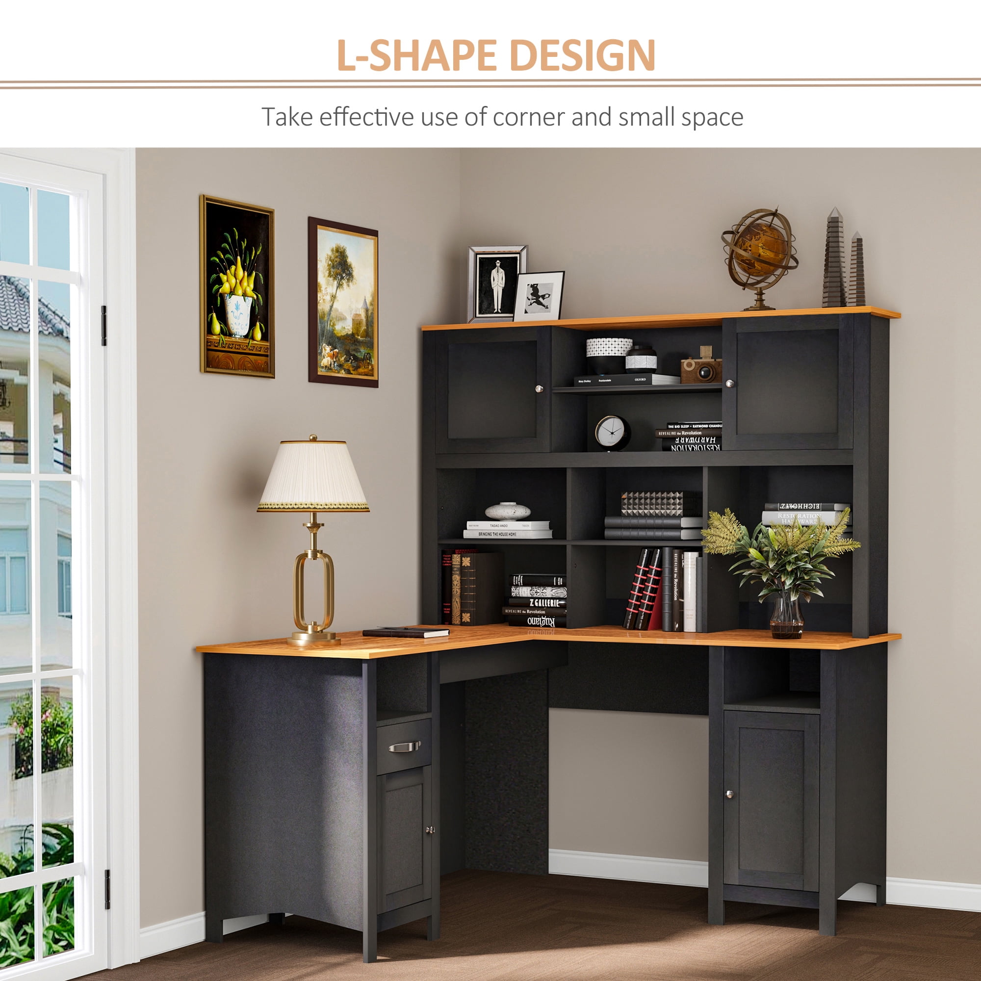 HOMCOM L Shaped Computer Desk with Hutch, 59" Corner Desk, Space Saving Home Office Desk with Storage Shelves, Drawer and Cabinet, Black