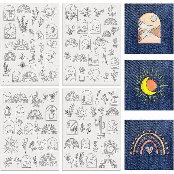 4 Sheets 100pcs Water Soluble Embroidery Patterns Boho Stitch Embroidery Paper Plant Flowers Water Soluble Stabilizers for DIY Carves Shirts Coats Bags Towels