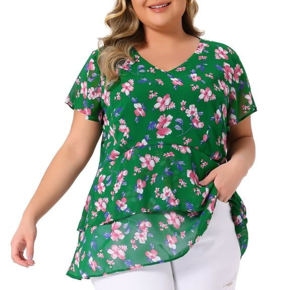 DARING DIVA Women's Plus V Neck Short Sleeve Casual Floral Blouse 1X Green