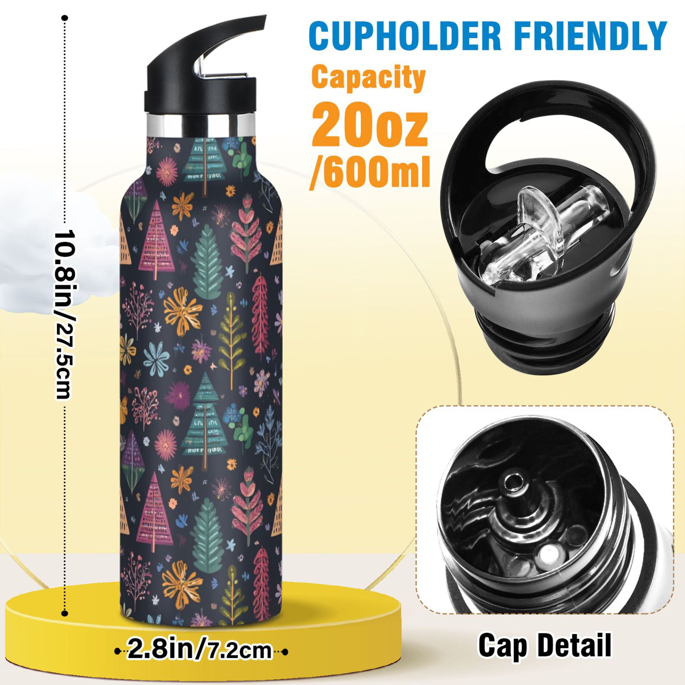 600ML Stainless Steel Insulated Cup Sports Water Bottle Portable Thermos Cup Water Glasses Insulated Tumblers Convenient and Durable Colorful Christmas Trees
