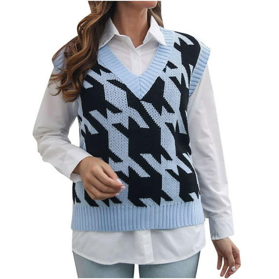 Womens Fall Fashion 2022! QLEICOM Sweaters for Women, Women‘s V-neck Multicolor Knitted Sweater Houndstooth Casual Fashion Sleeveless Vest Jacket Coat Tops On Clearance