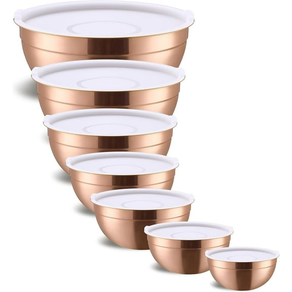 Rose Gold Mixing Bowls With Airtight Lids,Stainless Steel Bowl,Salad Bowls 7 Piece Colorful Nesting Bowl Rose Gold Kitchen Accessories,Size 7,3.6,2.7,2.1,1.5,1.1,0.8QT Stackable Design