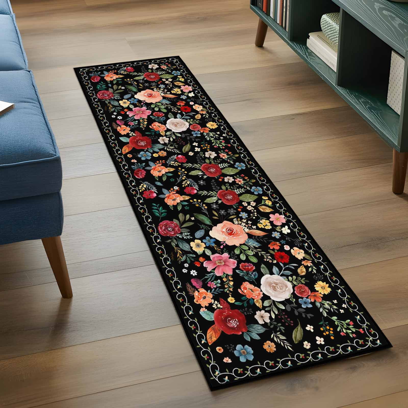 Watercolor Flowers 2'x6' Runner Rugs for Hallway Kitchen Bedside Non Slip Washable, Farmhouse Floral Vintage Black Entryway Rug Runners with Rubber Backing, Long Carpet Runner for Laundry Room
