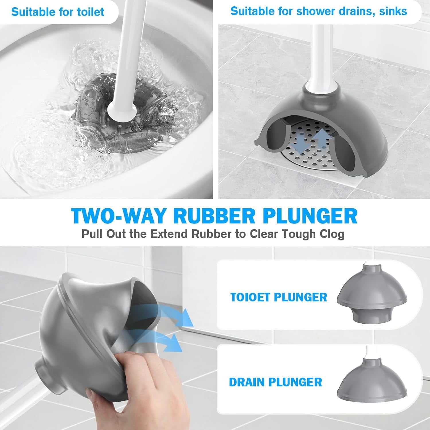 Toilet Plunger and Brush Set, Bowl Brush and Heavy Duty Plunger with Ventilated Holder, 2-in-1 Toilet Brush and Plunger Combo for Drain Deeply Cleaning