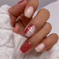 thumbnail image 1 of 24 uñas postizas navideñas cortas, uñas adhesivas rojas con purpurina, diseño de caja de regalo, uñas postizas extraíbles, regalos de arte de uñas navideño, 1 of 4