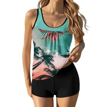HABDGIKS 2 Piece Swimsuit for Women Bathing Suits Print Graphic Swim Tank With Boyshorts Ladies Swimwear Cut Out Swimsuit