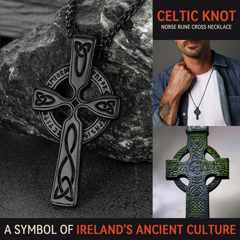 FaithHeart Celtic Knot Cross Rune Necklace for Men Boys Stainless Steel Nordic Viking Mythology Rune Black Jewelry Gifts for Father Son Friends