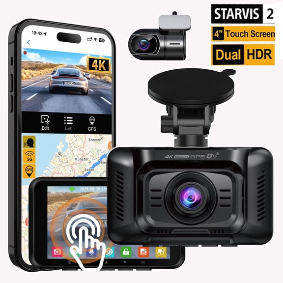 HUPEJOS STARVIS 2 4K Dual Dash Cam, 4" Touch Screen Dashcam Front and Rear, GPS Car Camera, 5G WiFi, Voice Control Camera for Cars, Night Vision, 24H Parking Mode, 64GB Card Included