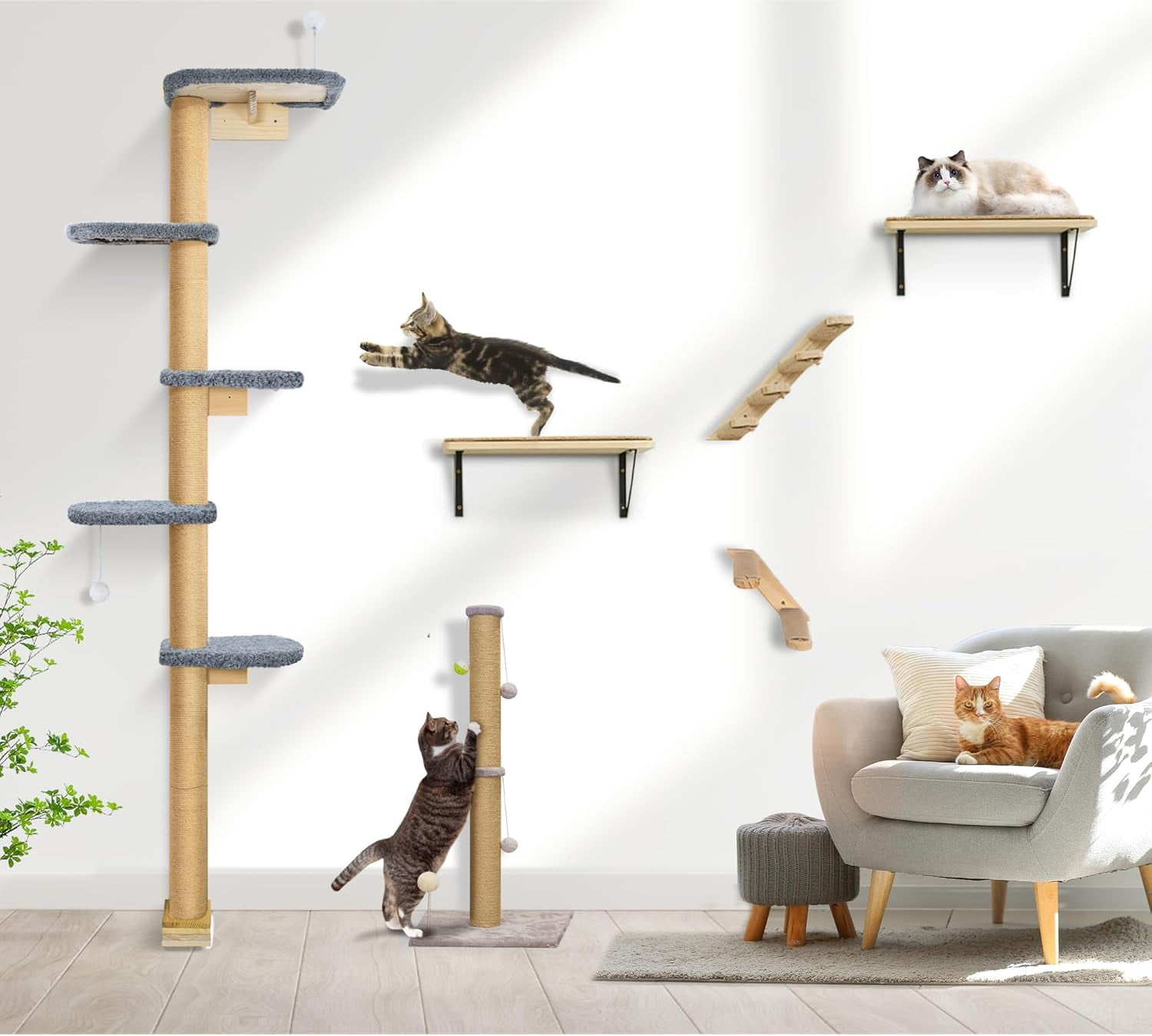 Peluomoz Gray Adjustable Floor to Ceiling Cat Tree with Plush Pads, 83 in