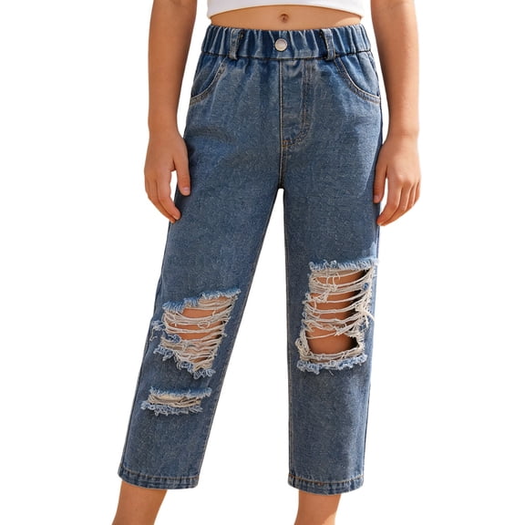 UJNDER Girls Distressed Denim Classic Straight Leg Washed Blue Comfortable Casual Trousers Girls Pants,Black,4-5 Years