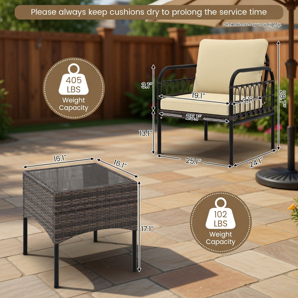 Hommoo 3-Piece Outdoor Wicker Patio Conversation Set with Tempered Glass Coffee Table, Cushioned Chairs & Rust-Resistant Metal Frame, Brown
