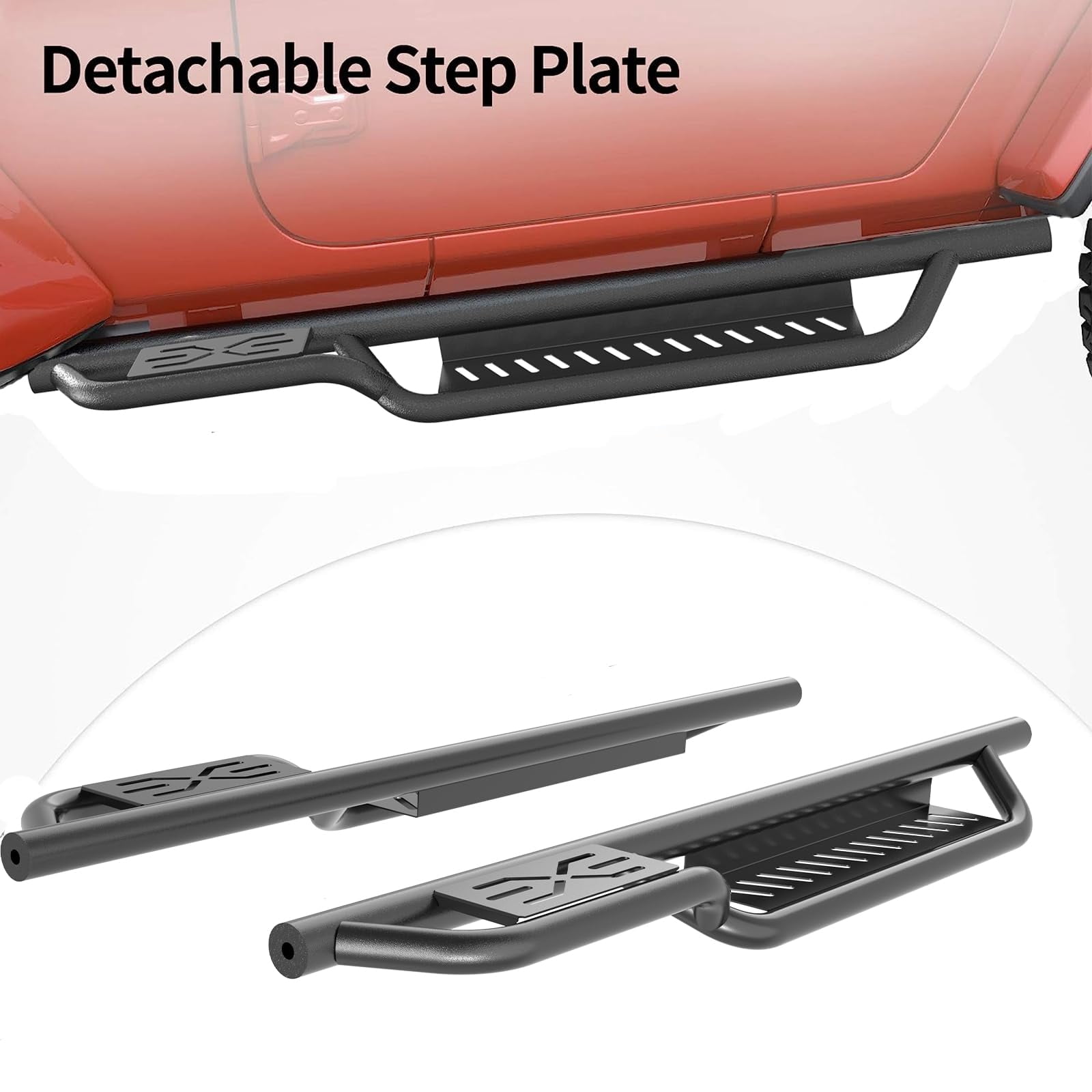 Garvee Running Boards Compatible with Wrangler JK 2 Door 2007-2018, Black Powder Coated Steel Nerf Bar w/Two Stairs Design All-Steel Build, Bolt-on Side Steps