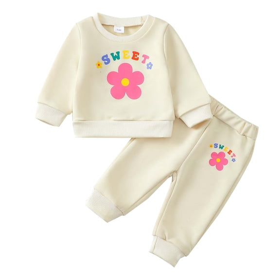 Kucnuzki 12 Months Infant Baby Girls Outfit Set 18 Months Child Girl Clothes Long Sleeves Letter Print Floral Pullover Sweatshirt Top Pants Sets 2pcs Winter Clothing Apricot