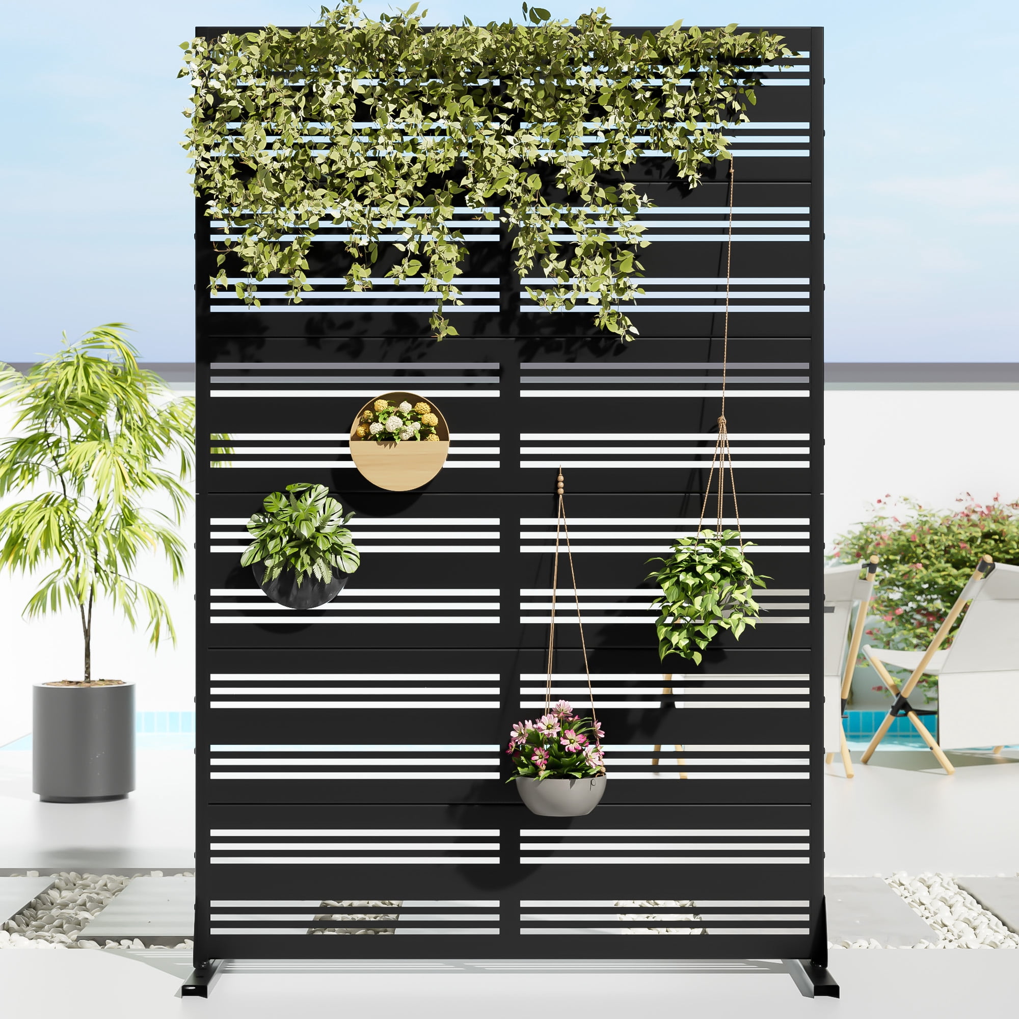 MAYEERTY 72*47" Outdoor Black Metal Freestanding Panel Screen for Patio, Wide-Narrow Slat Pattern