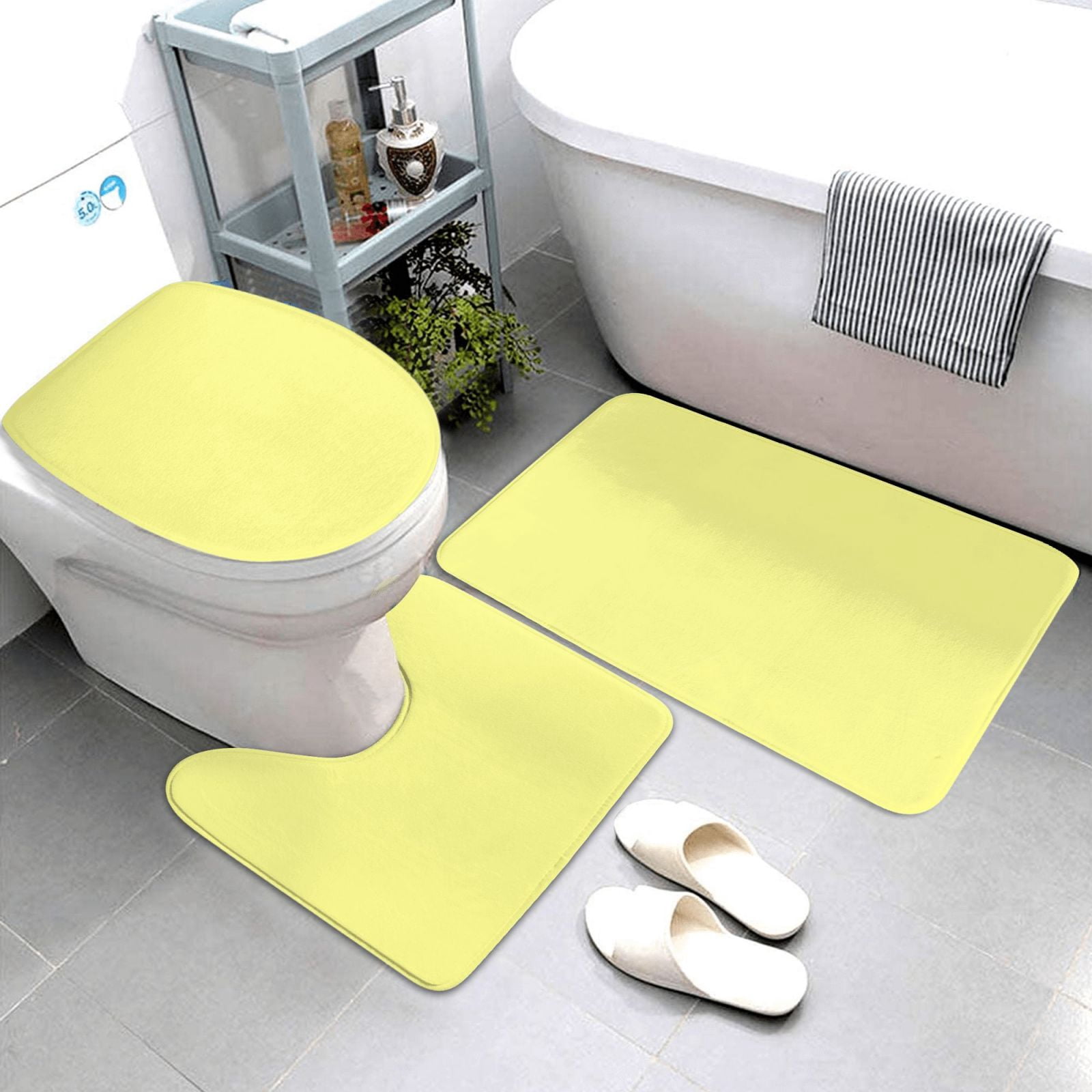 Bathroom Rugs Sets 3 Piece - light-yellow Absorbent Non Slip Bath Mats, U-Shape Toilet Lid Cover, Contour Mat, Soft Washable Shower Mats Bath Rug Mat for Bathroom Tub Toilet
