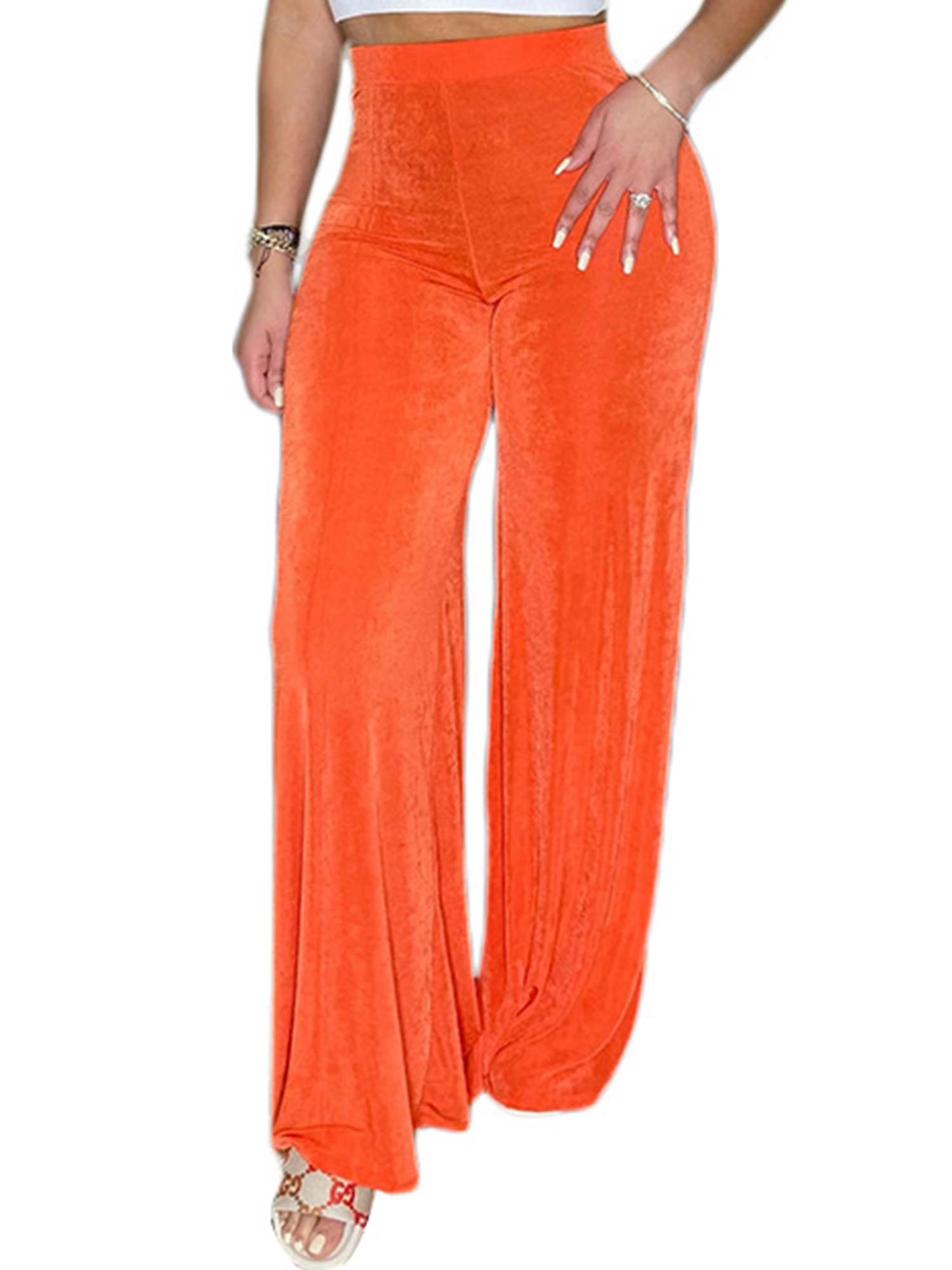 Frontwalk Women Wide Leg Long Palazzo Bell Bottom High Waist Velvet Yoga Pants Holiday Party