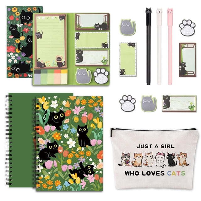 Set de papelería SUMMERGIFTS con bolígrafos de gato, notas adhesivas y cuaderno