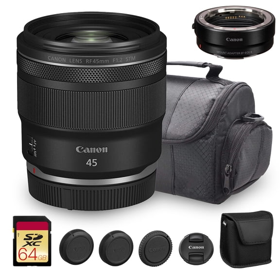 Canon RF 45mm f/1.2 STM Lens | Fast Wide-Aperture Prime with Smooth AF & Low-Light Performance | For Portraits, Weddings & Creative Photography (013803386868)   Adapter EF-EOS R   64GB Card   Bag