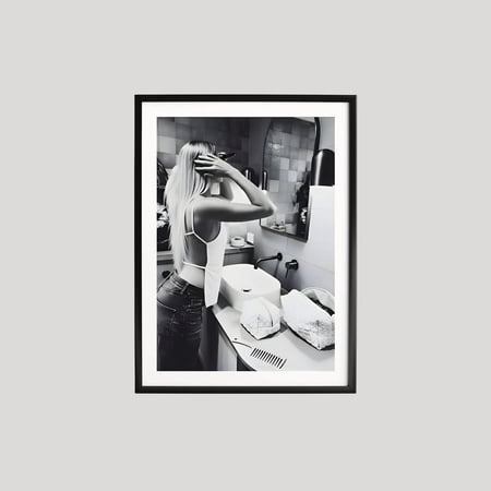 Woman Fixing Her Hair Elegant Black and White Photography Timeless Beauty Vintage Style Decor Feminine Portrait, Unframed Poster